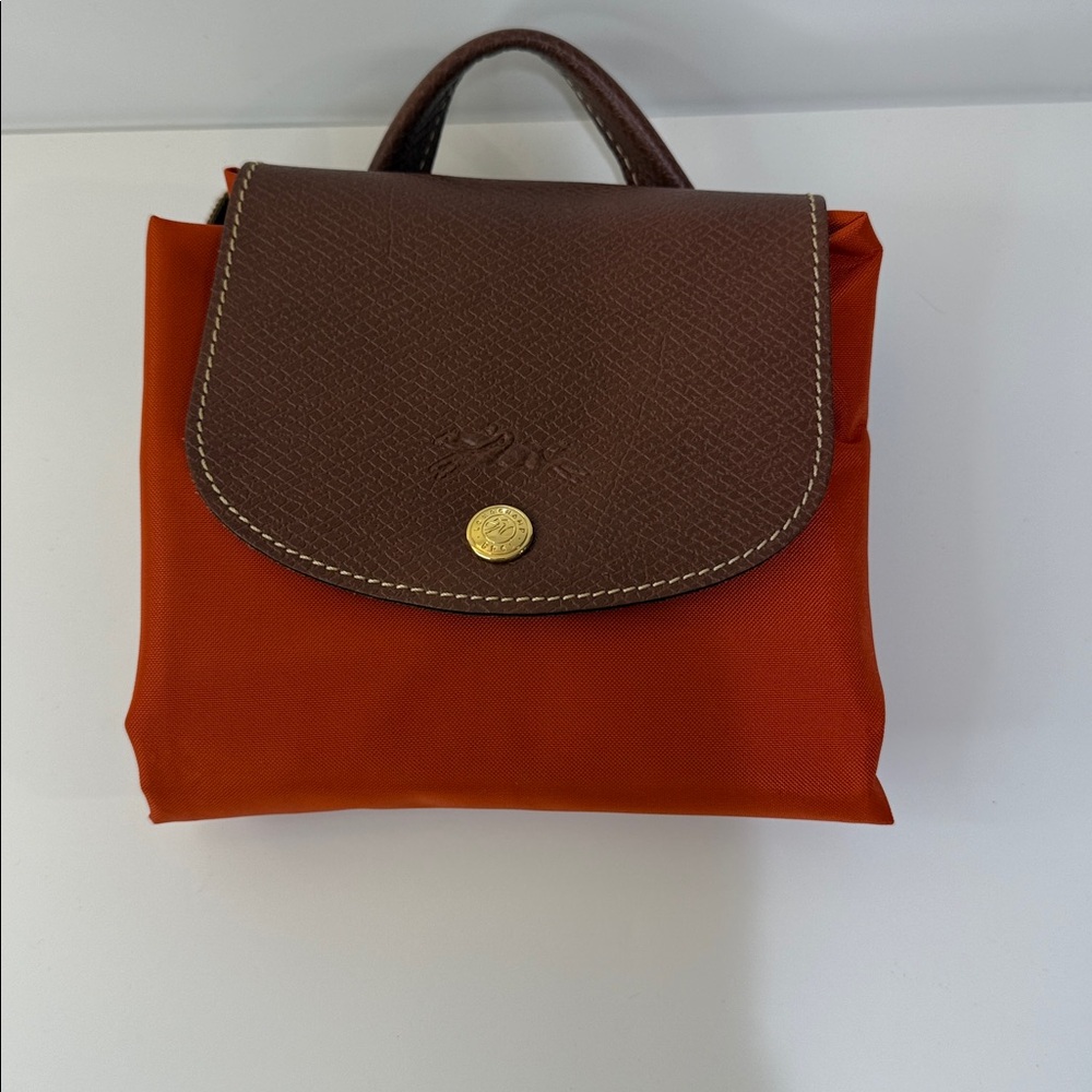 Longchamp Le Pliage Backpack in Pumpkin with Brown Leather. Packable. New. - Picture 7 of 10